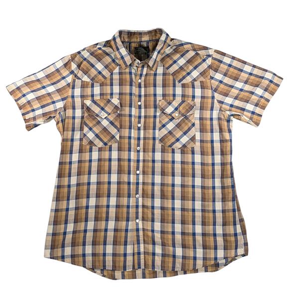 High Noon Mens XL Brown Plaid Pearl Snap Short Sleeves Pockets Rodeo Western - Picture 2 of 12
